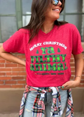 Marry Christmas Ya Filthy Animal  Tee | Red