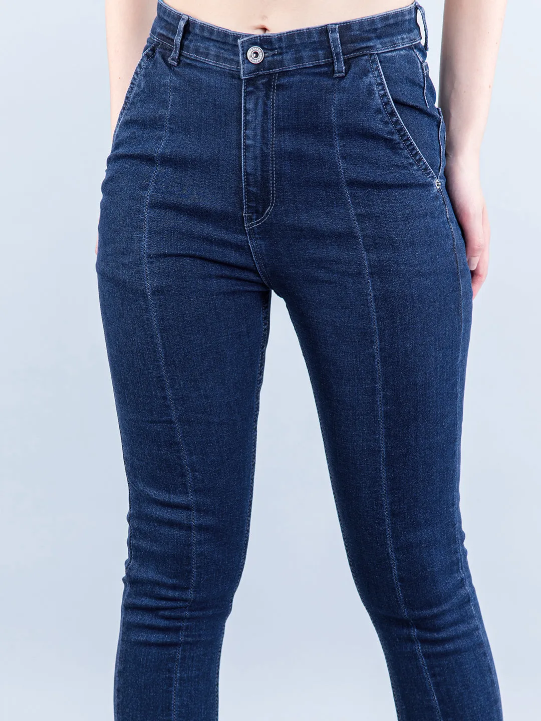 Mid Blue Pleated Skinny Fit Jeans For Women