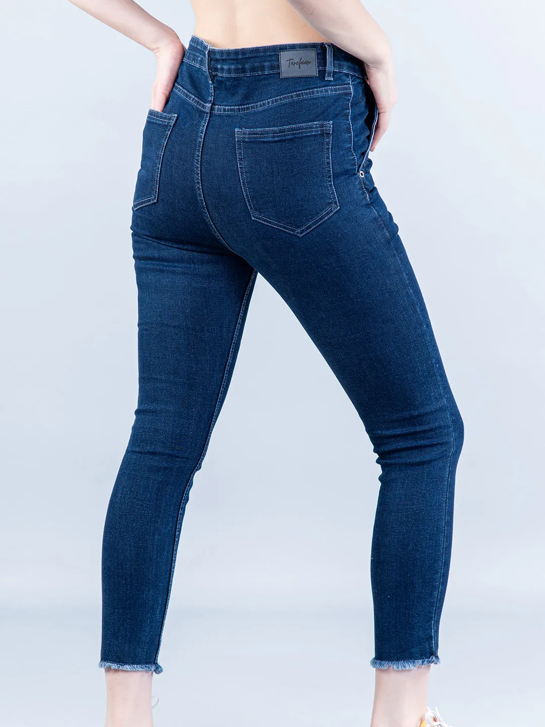 Mid Blue Pleated Skinny Fit Jeans For Women