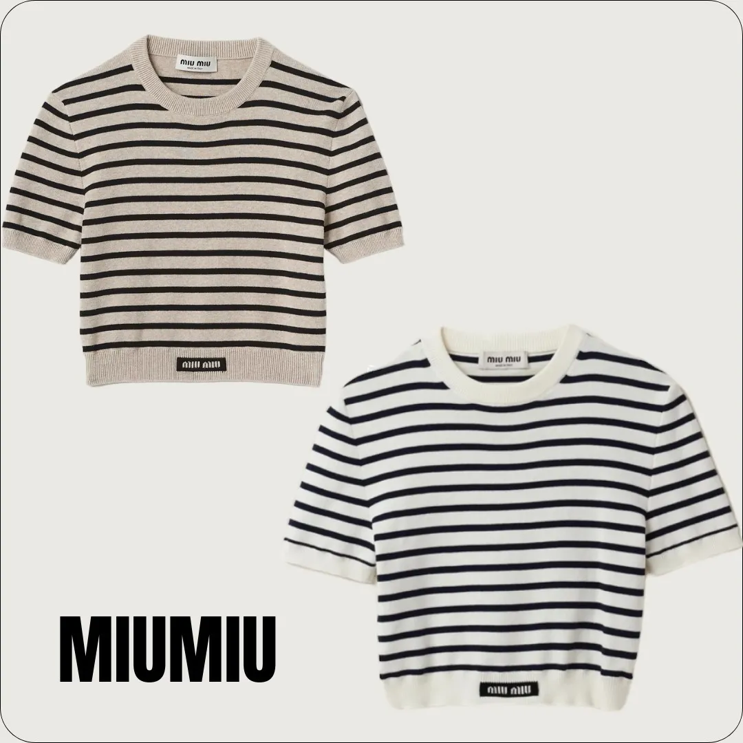 MiuMiu  |Stripes Casual Style U-Neck Cotton Short Sleeves