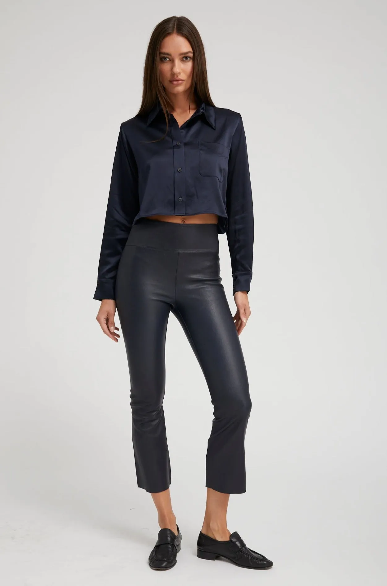 Navy Leather Crop Flare Leggings