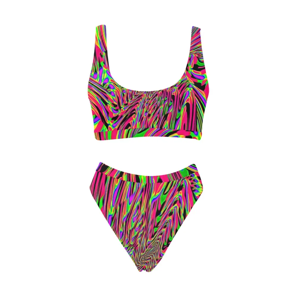 Neon Acid Waves Sport Top & High-Waisted Bikini Swimsuit / Rave Set