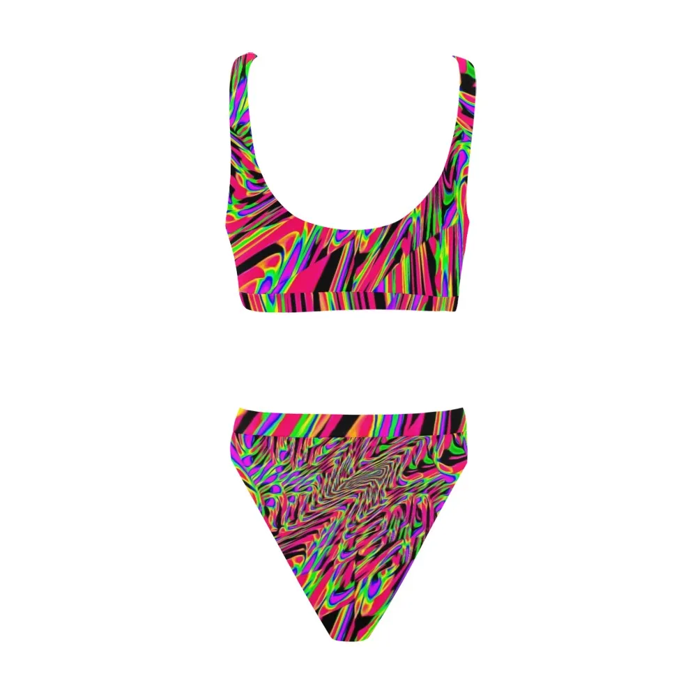 Neon Acid Waves Sport Top & High-Waisted Bikini Swimsuit / Rave Set