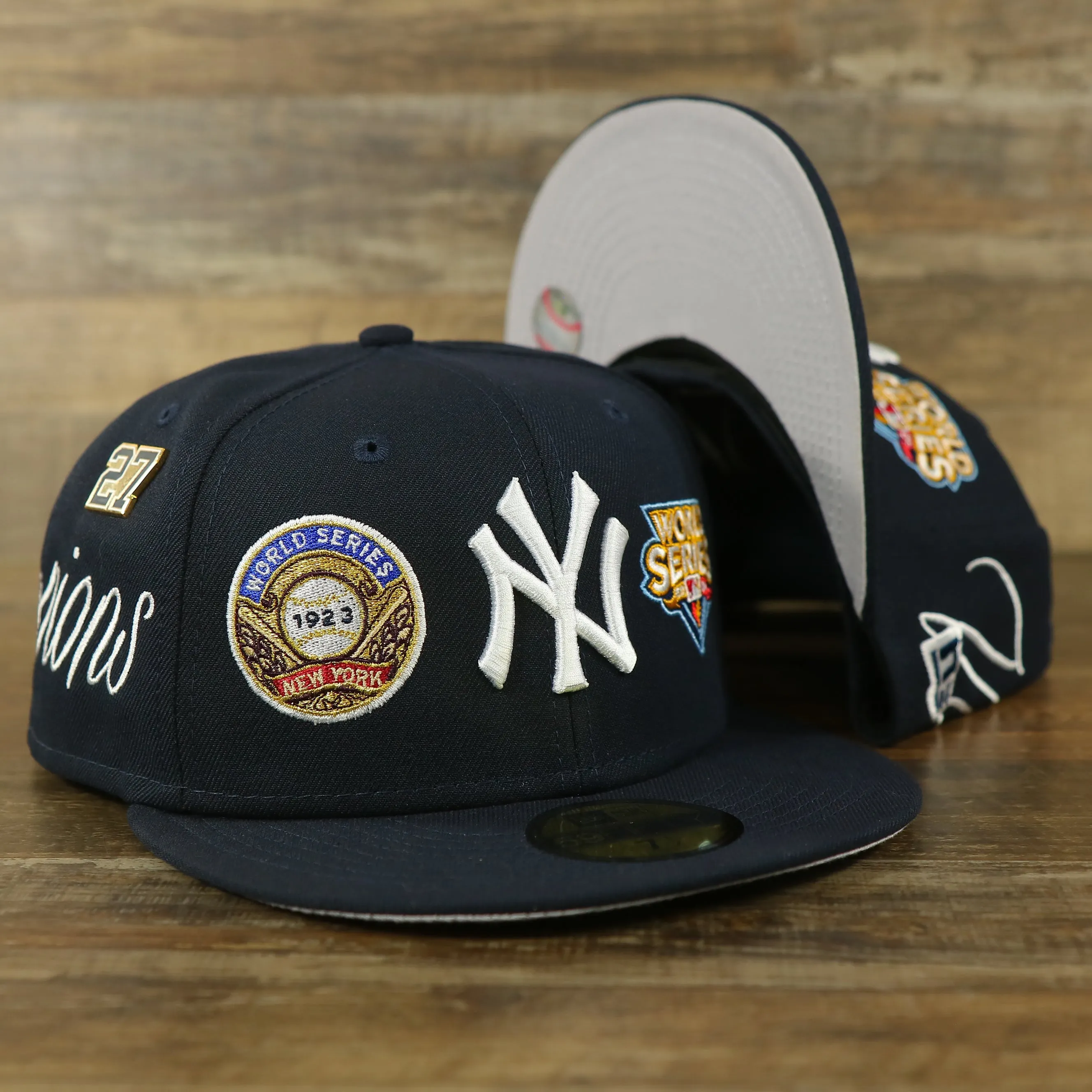 New York Yankees Cooperstown All Over Side Patch Historic Champs Gray UV 59Fifty Fitted Cap | Navy 59Fifty Fitted Cap