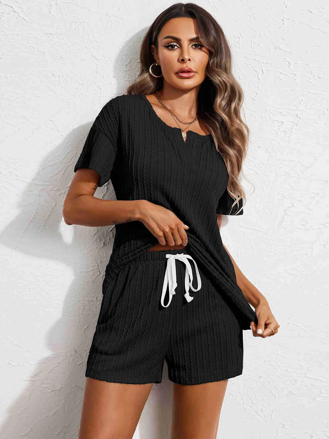 Notched Short Sleeve Top and Shorts Set - Ships 7/25