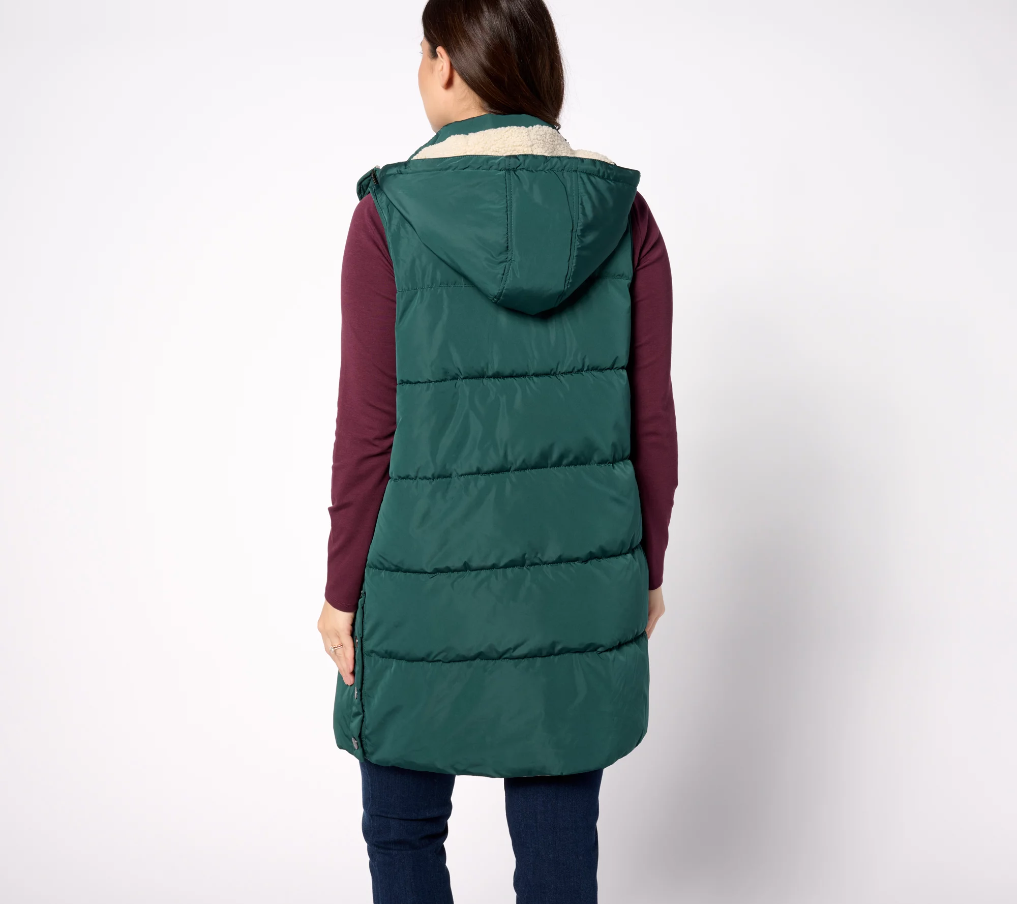 Nuage Chevron Quilted Long Vest with Detachable Hood