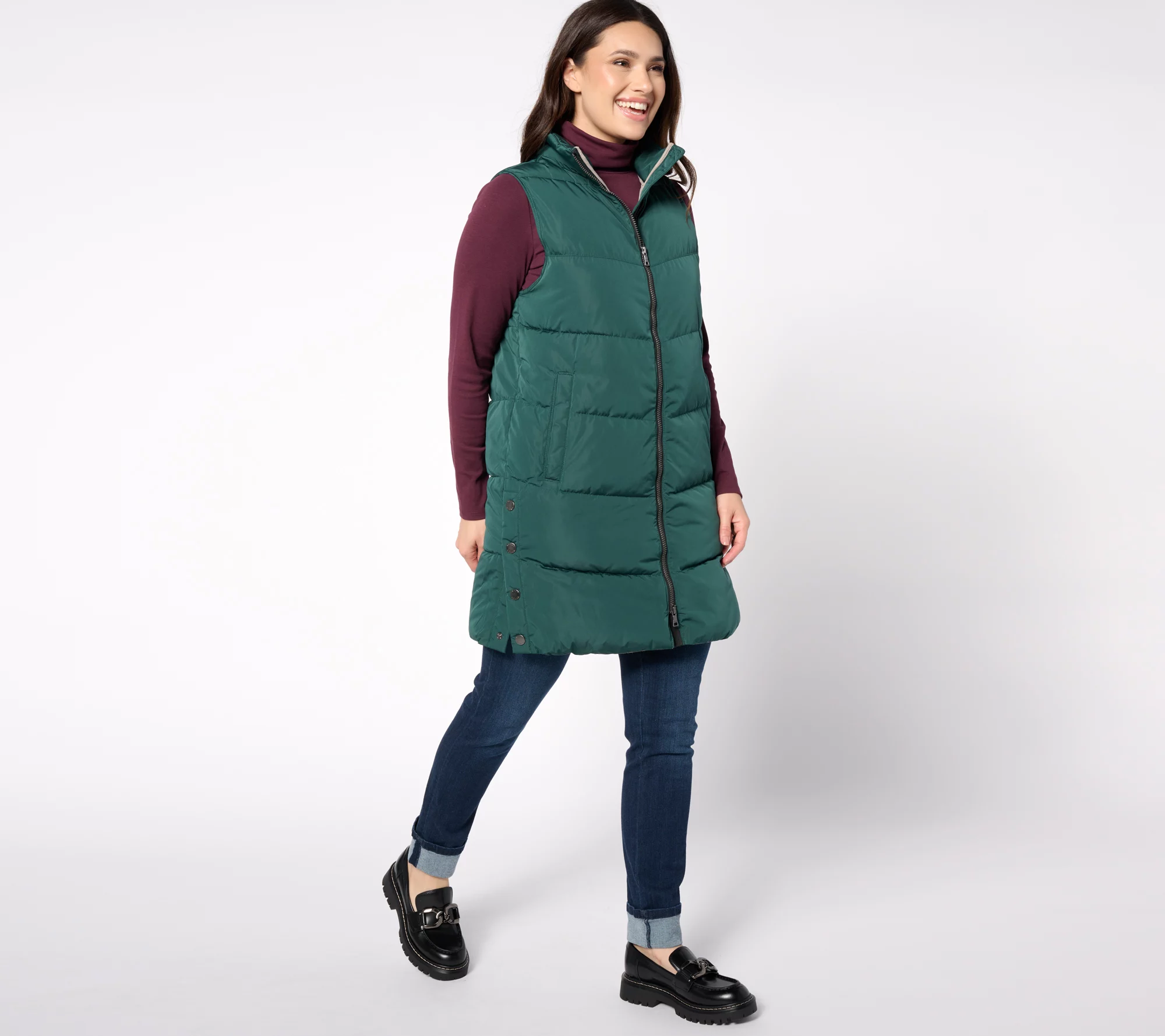 Nuage Chevron Quilted Long Vest with Detachable Hood