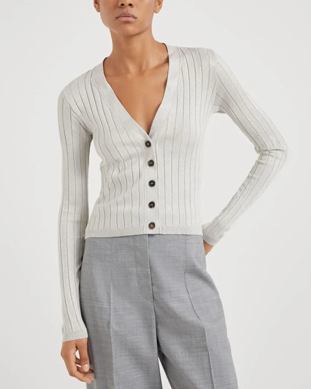 Pearl Grey Wide Rib Button Up Cardigan