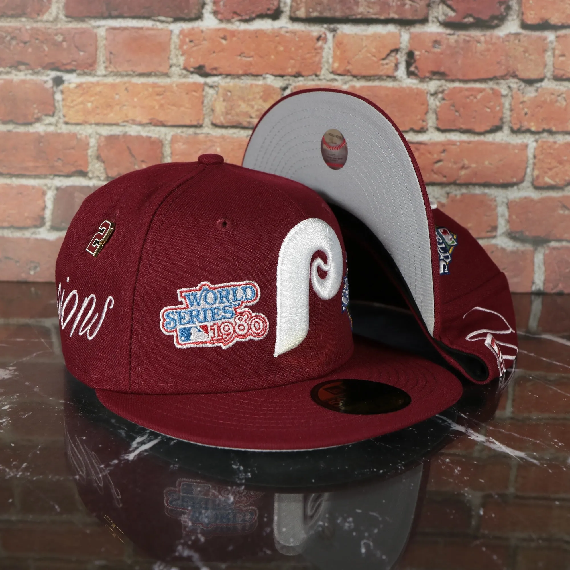 Philadelphia Phillies Cooperstown All Over Side Patch Historic Champs Gray UV 59Fifty Fitted Cap | Maroon 59Fifty Fitted Cap