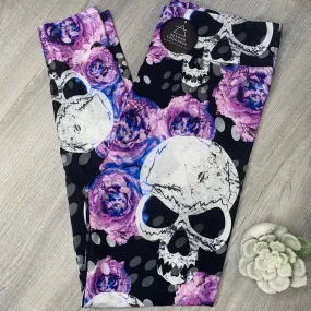 Purple Flowers & Skull Soft Leggings