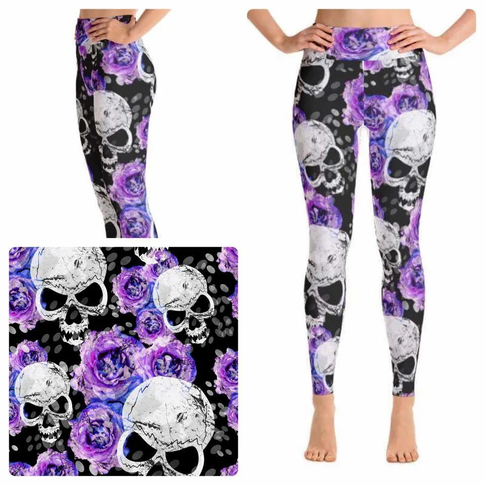 Purple Flowers & Skull Soft Leggings