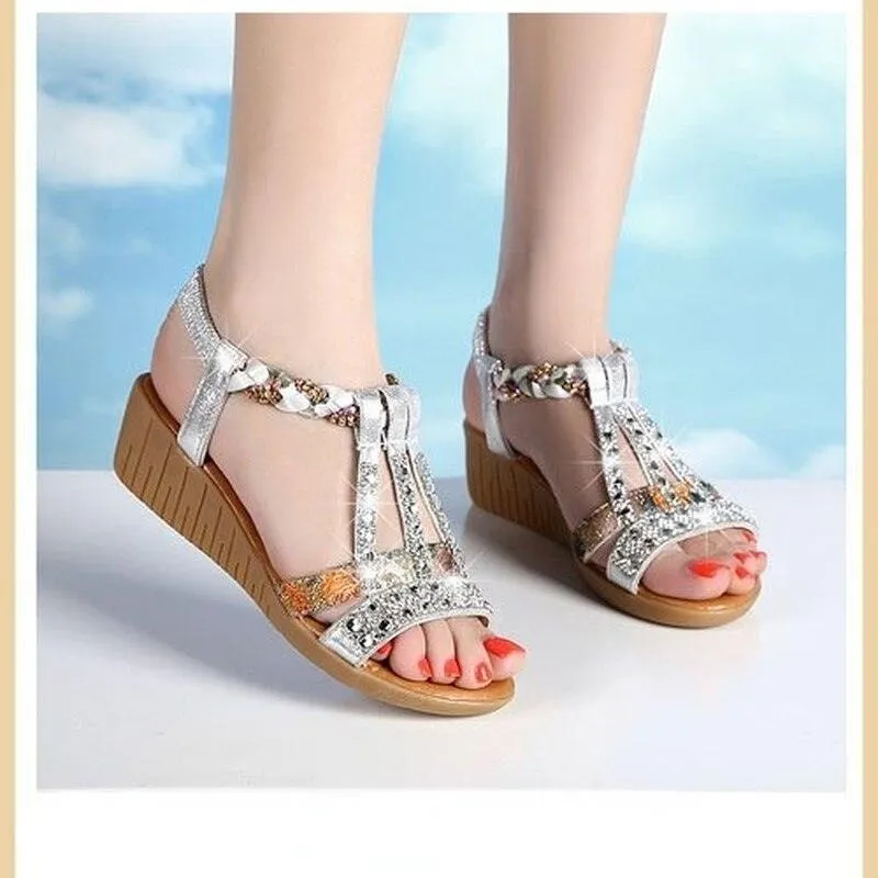 Rhinestone Strap Wedge Sandals