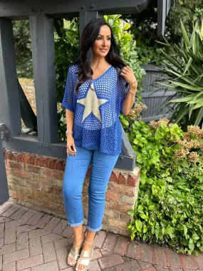 Royal Blue V Neck Star Loose Knit Alex