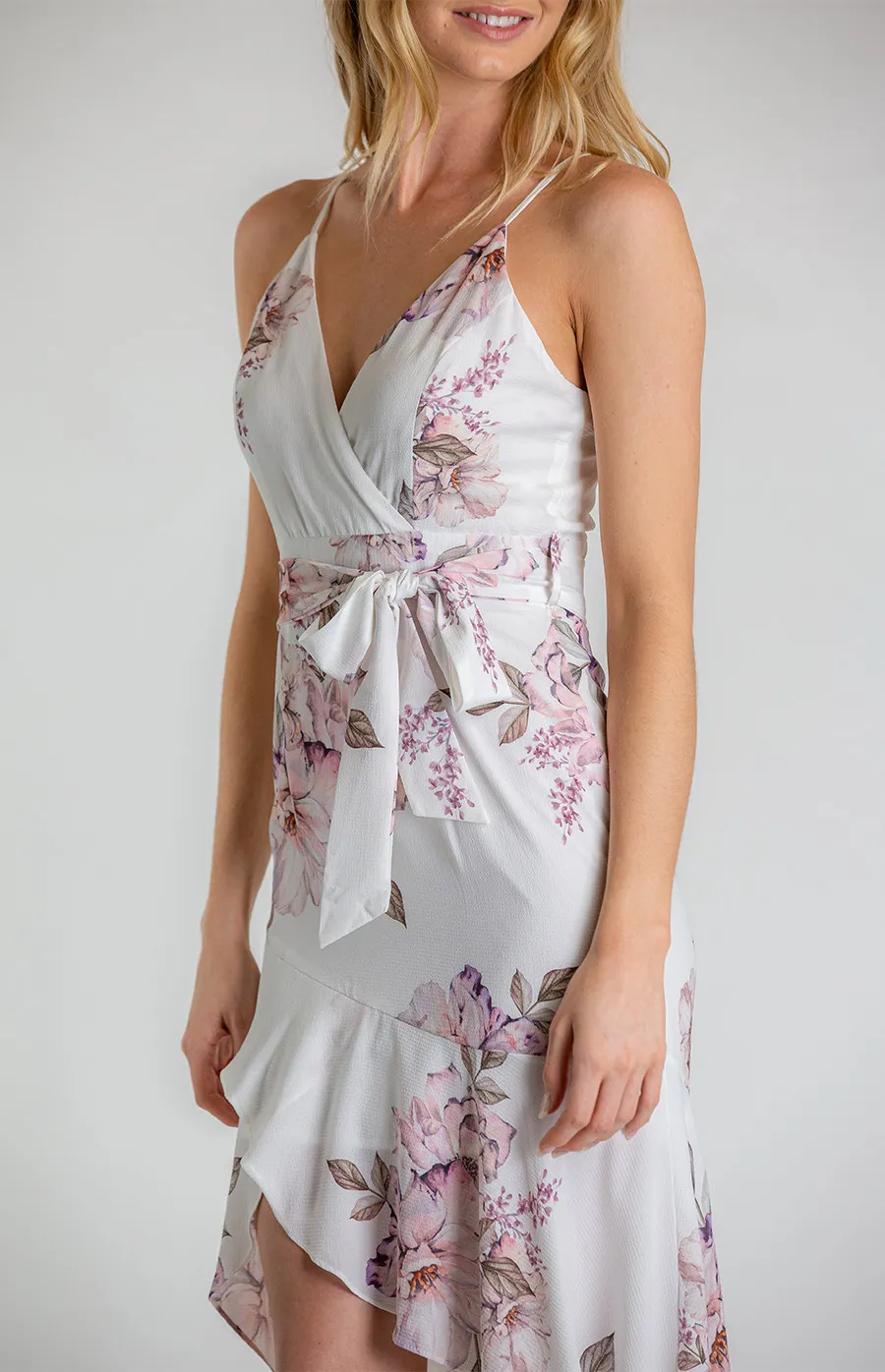 Singlet Strap Floral Dress with Frill High Low Hemline (SDR580B)