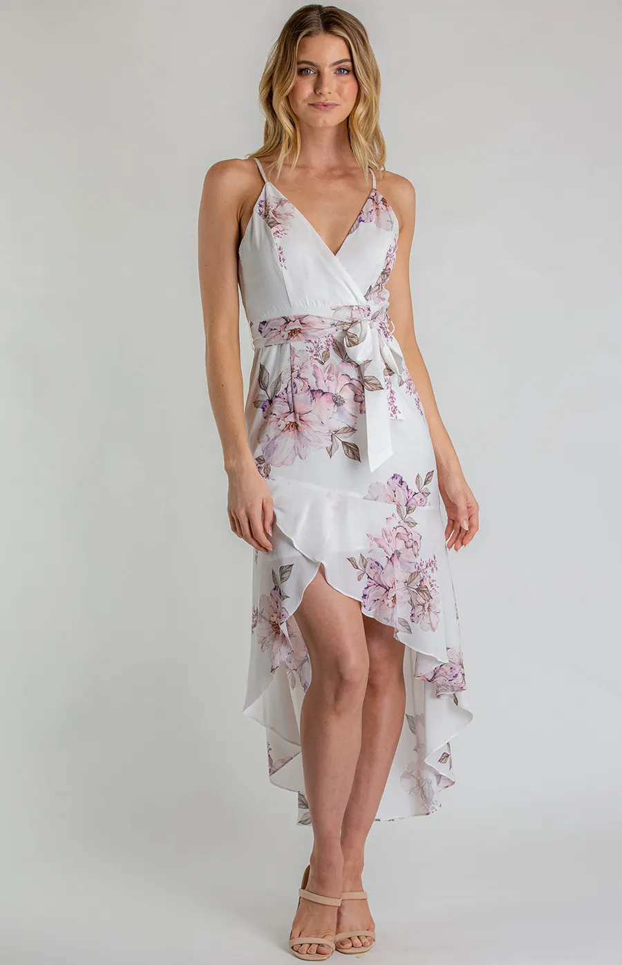 Singlet Strap Floral Dress with Frill High Low Hemline (SDR580B)