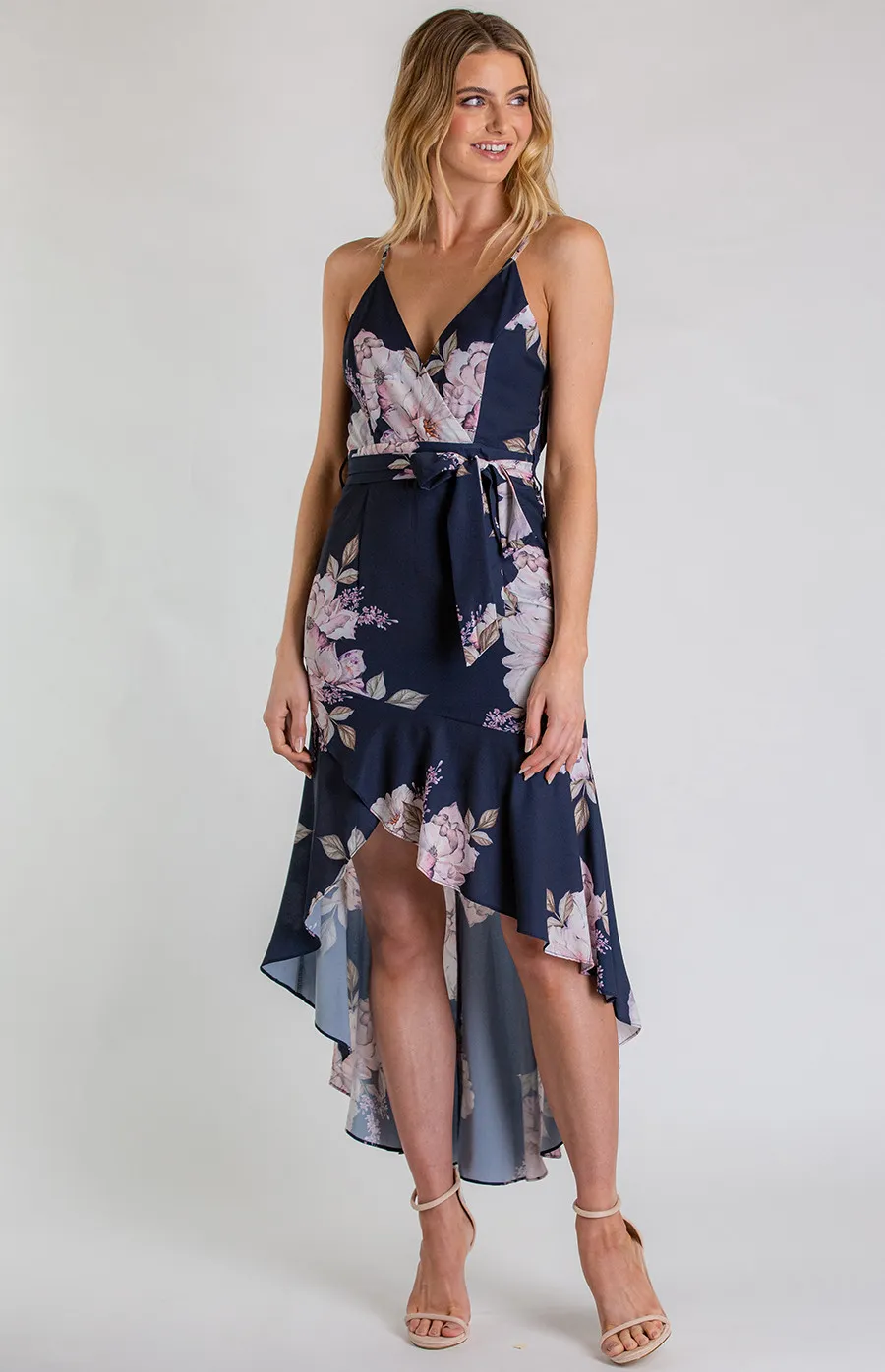 Singlet Strap Floral Dress with Frill High Low Hemline (SDR580B)