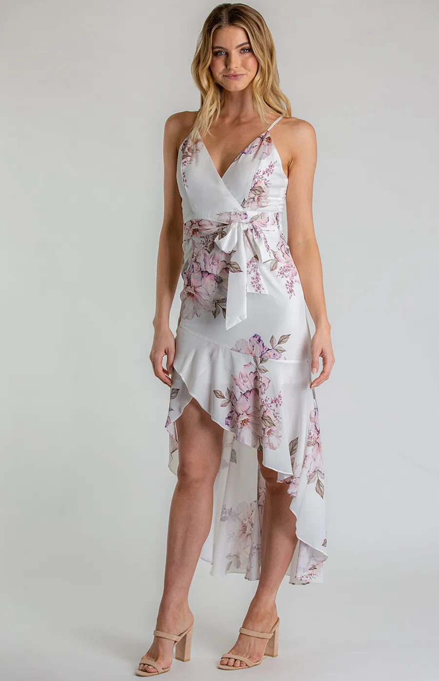 Singlet Strap Floral Dress with Frill High Low Hemline (SDR580B)