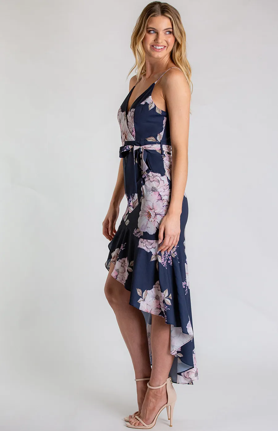 Singlet Strap Floral Dress with Frill High Low Hemline (SDR580B)