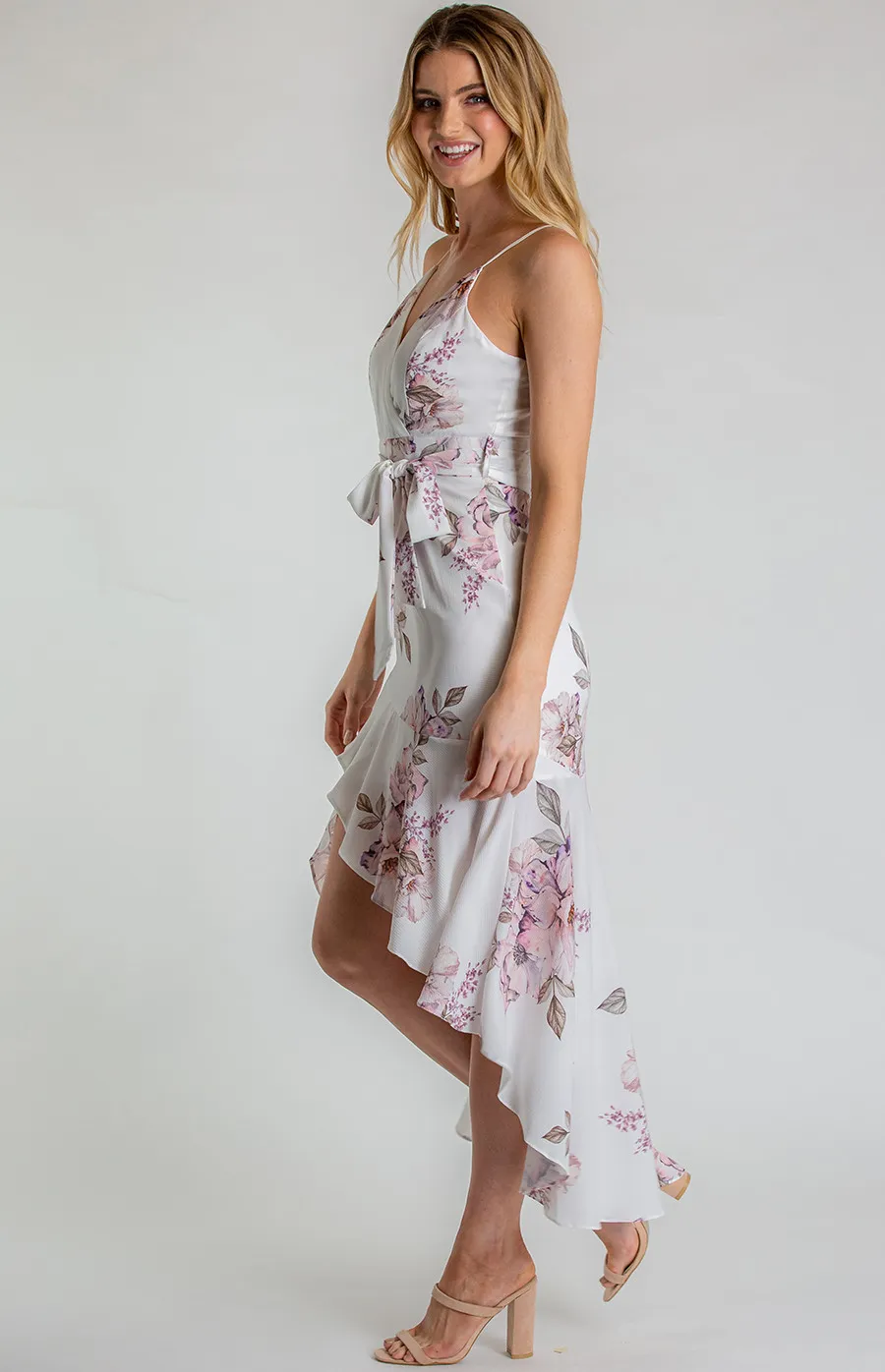 Singlet Strap Floral Dress with Frill High Low Hemline (SDR580B)