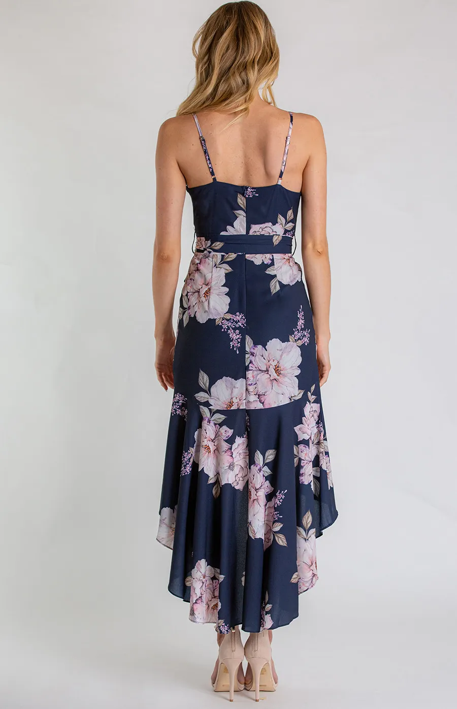 Singlet Strap Floral Dress with Frill High Low Hemline (SDR580B)