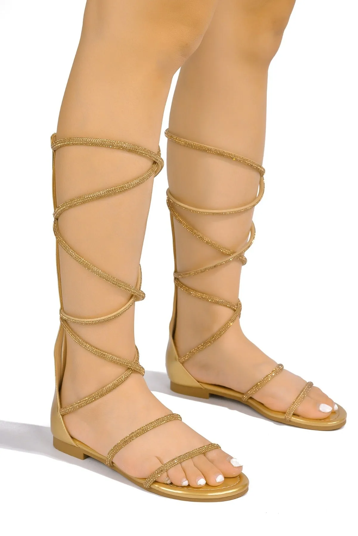 Strappy Rhinestone Trim Sandals - Gold