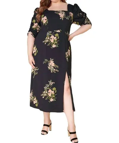 SUGARLIPS Curve Jasleen Floral Ruched Sleeves Midi Dress In Black