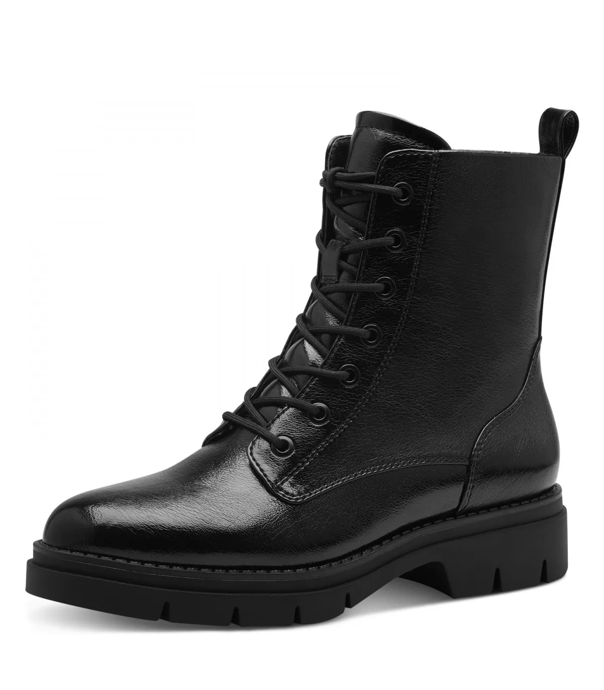 Tamaris Army Boot in Black Patent 25279