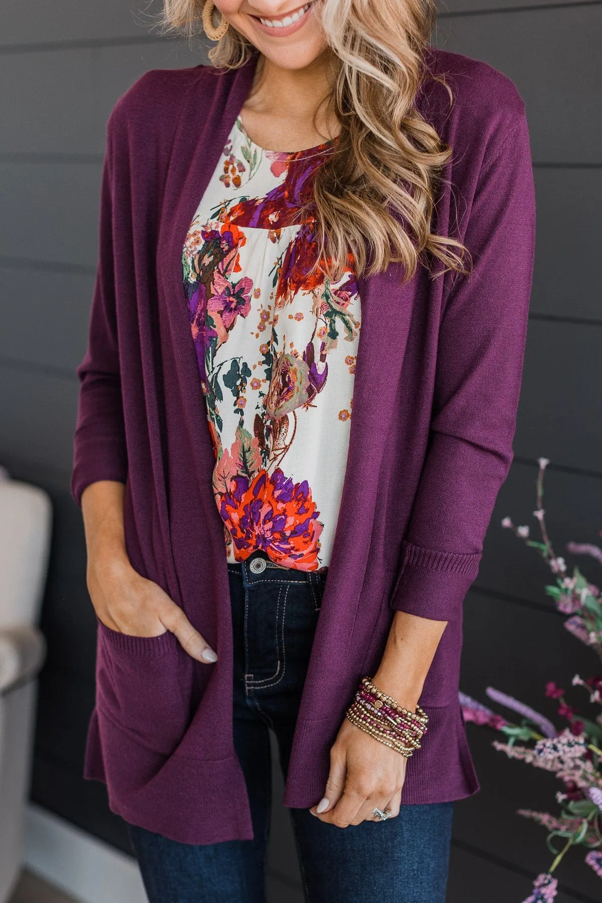 Time To Be Alive Drape Cardigan- Plum