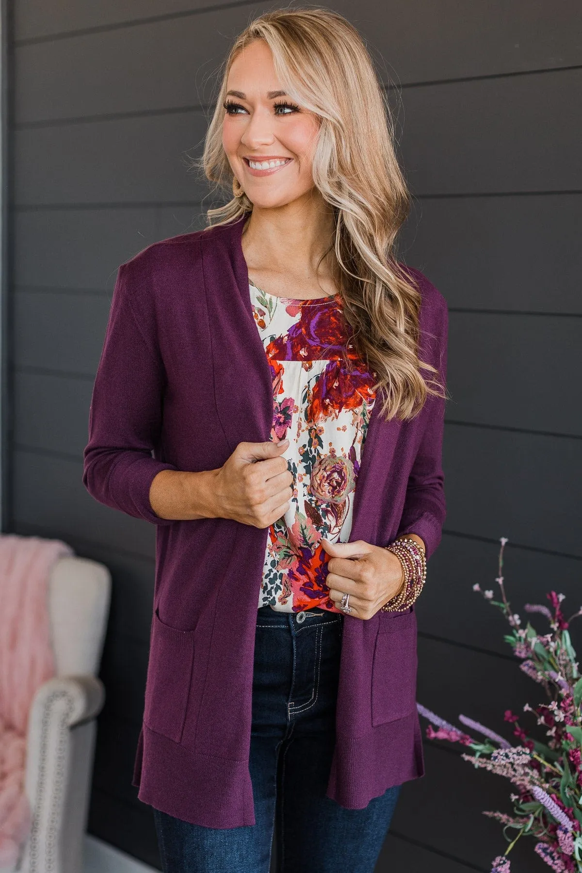 Time To Be Alive Drape Cardigan- Plum