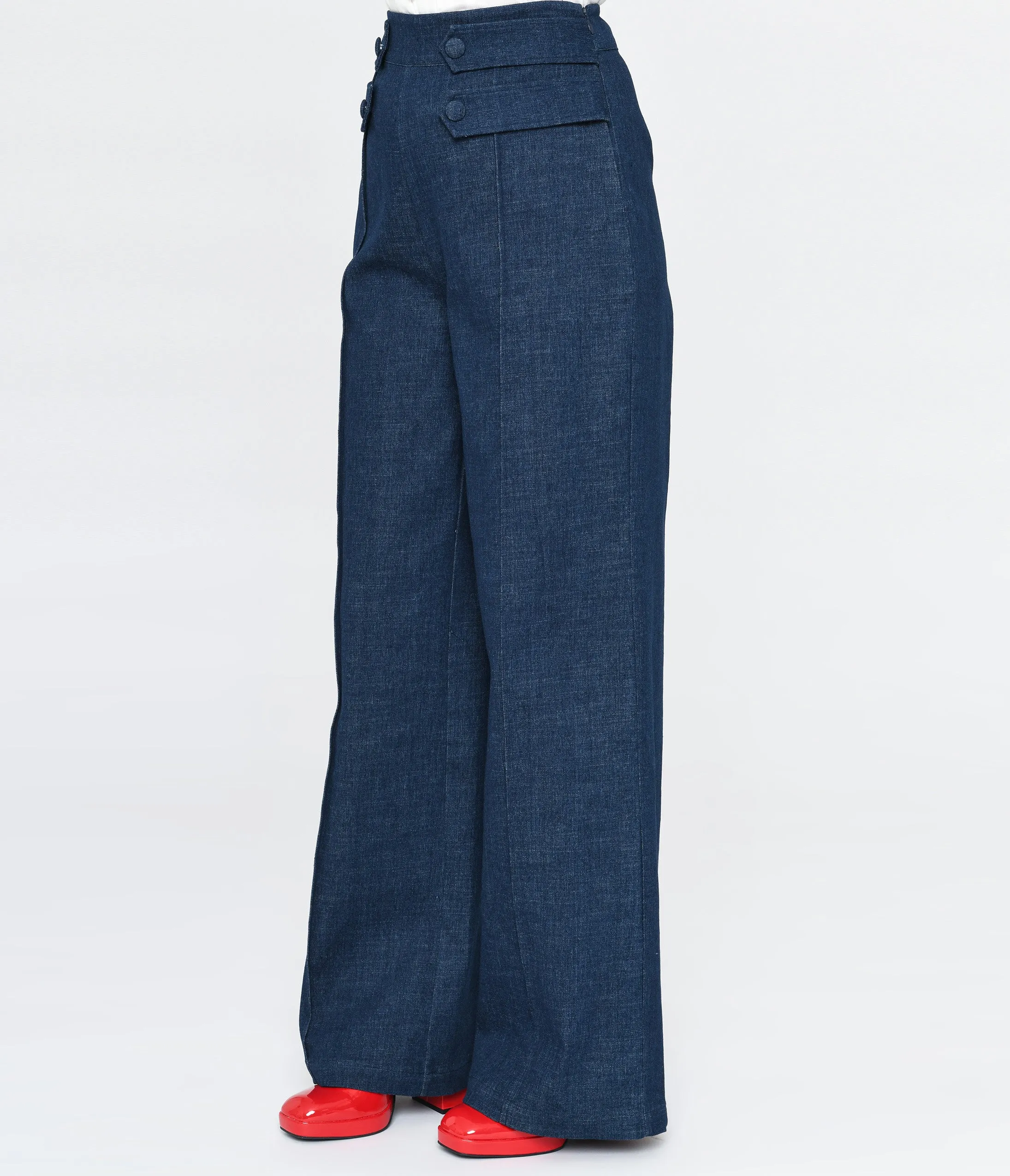 Unique Vintage 1940s Denim High Waist Wide Leg Tab Pants