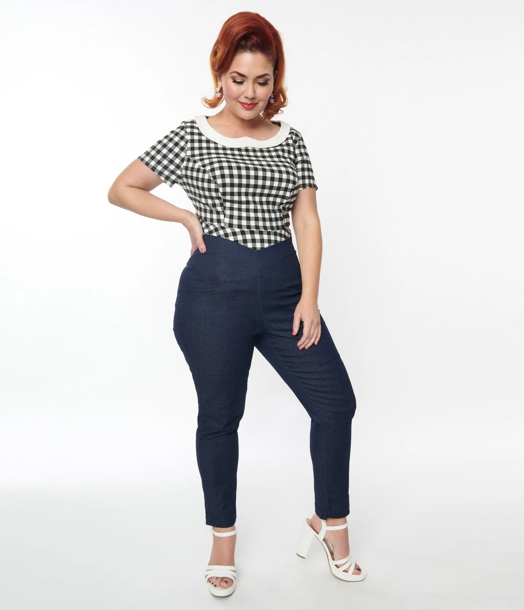 Unique Vintage Plus Size 1930s Dark Denim V-Waist Crop Pants