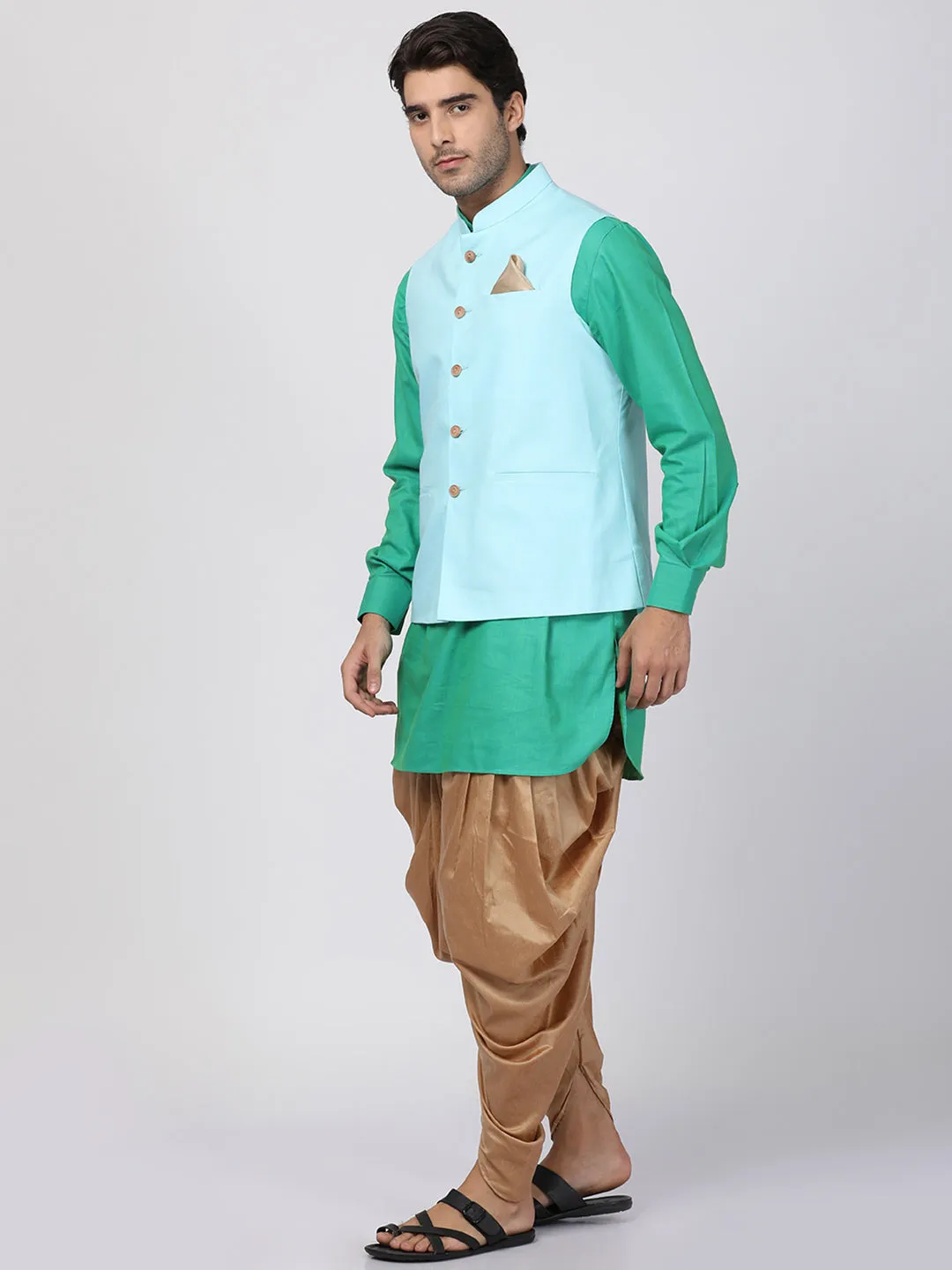 VASTRAMAY Men's Green Cotton Blend Ethnic Jacket, Kurta and Dhoti Pant Set