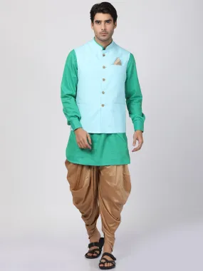 VASTRAMAY Men's Green Cotton Blend Ethnic Jacket, Kurta and Dhoti Pant Set