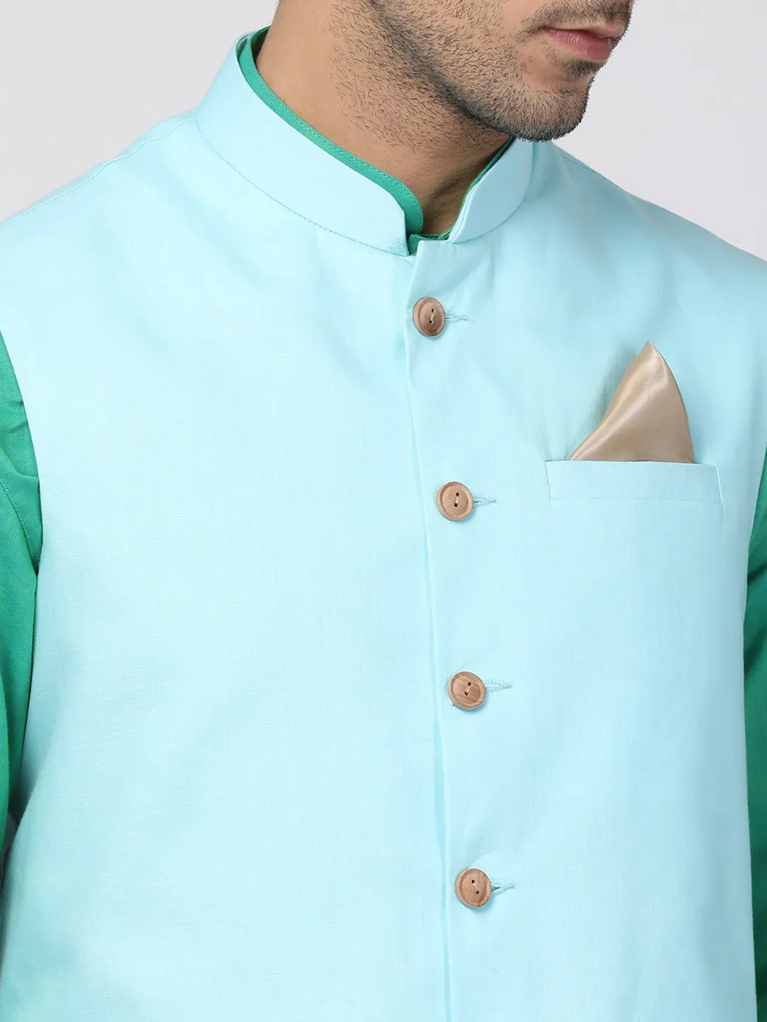 VASTRAMAY Men's Green Cotton Blend Ethnic Jacket, Kurta and Dhoti Pant Set