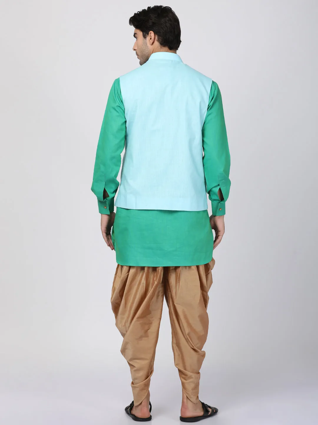 VASTRAMAY Men's Green Cotton Blend Ethnic Jacket, Kurta and Dhoti Pant Set