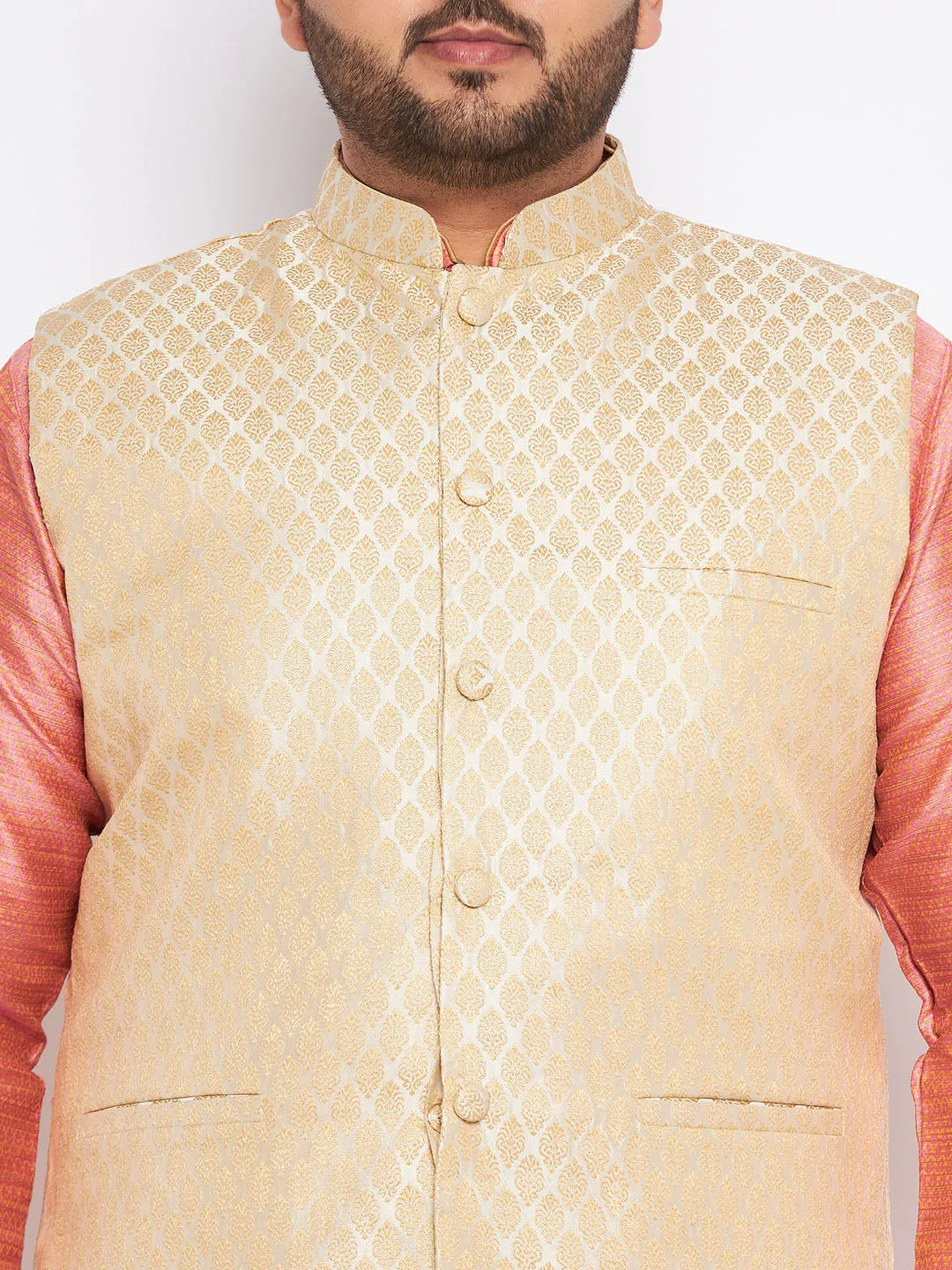 VASTRAMAY Men's Plus Size Cream Ethnic Cream Jacket With Pink Silk Blend Kurta and Golden Pyjama Set