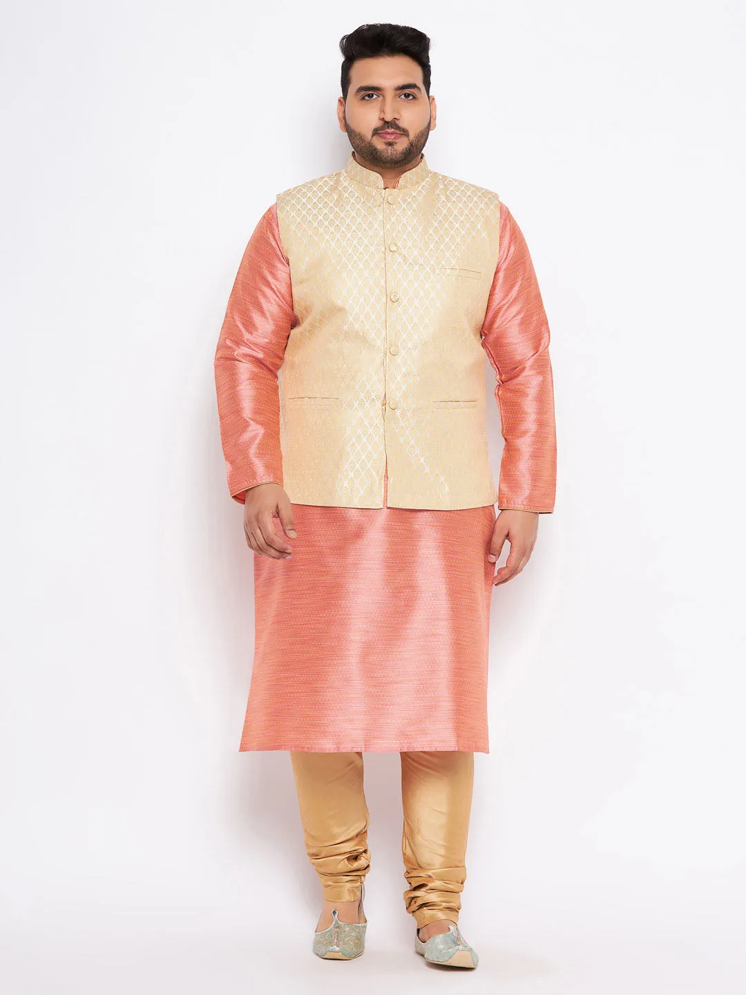 VASTRAMAY Men's Plus Size Cream Ethnic Cream Jacket With Pink Silk Blend Kurta and Golden Pyjama Set