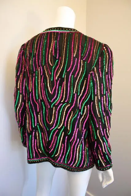 Vintage 80's Black Silk Jacket Covered in Pink & Green Zebra Stripe Sequins & Beads