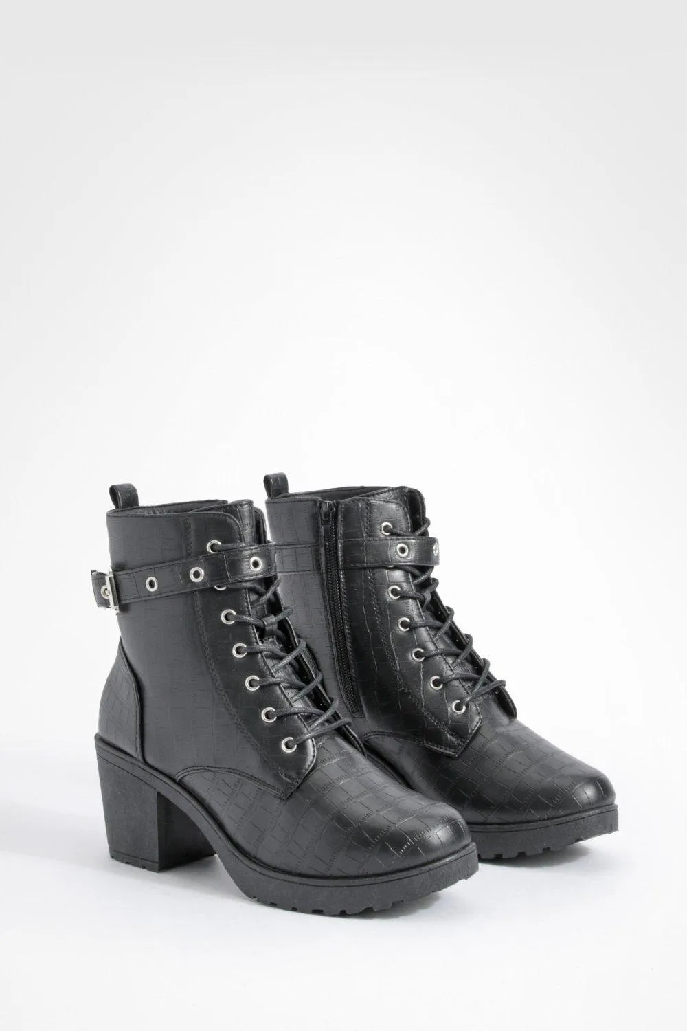 Wide Width Croc Buckle Detail Low Block Heel Ankle Boot