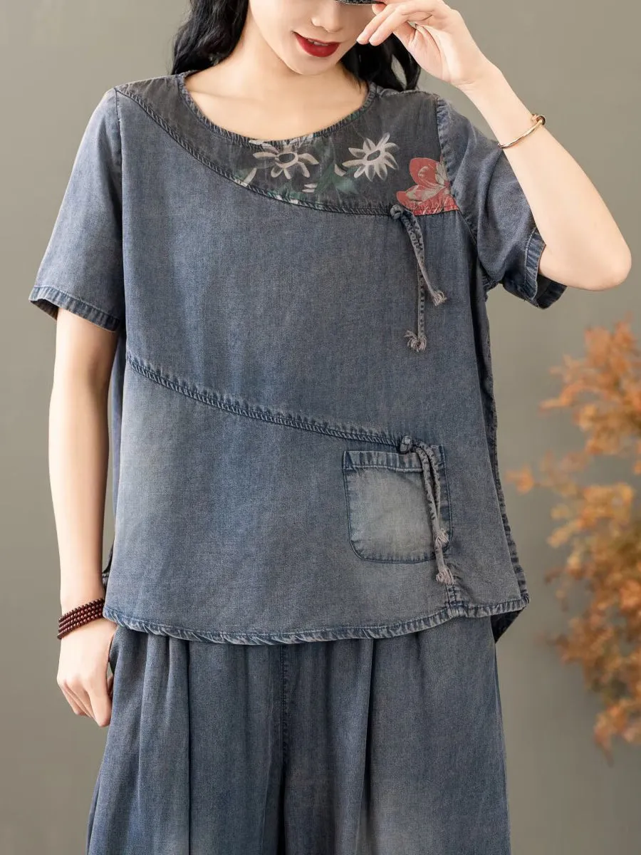 Women Summer Vintage Spliced Worn Shirt+Pants PA1021