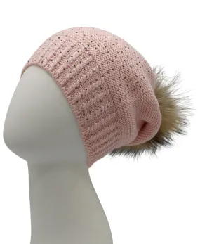 Wool Knit & Crystal Slouch Hat w/ Fur Pom